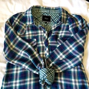 Rails Lined Plaid Button Front Shirt, Blue Green, Size M